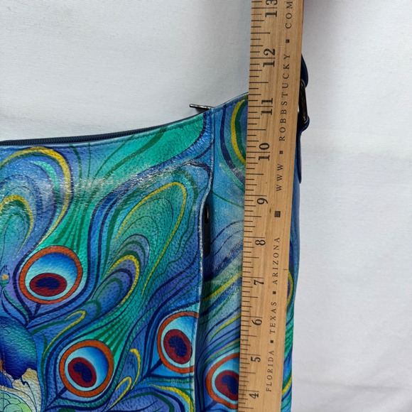 Anuschka Hand-Painted Leather Shoulder Bag Peacock Feathers Blue Green Purse - Picture 12 of 16